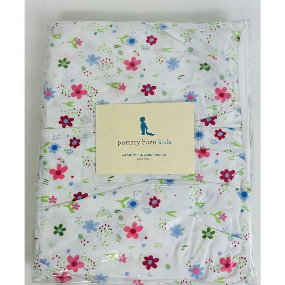 Pottery Barn Kids Meadow Flowers Percale Bed Skirt White Floral Baby Nursery New